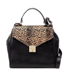 Leopard print leather top handle bag with strap